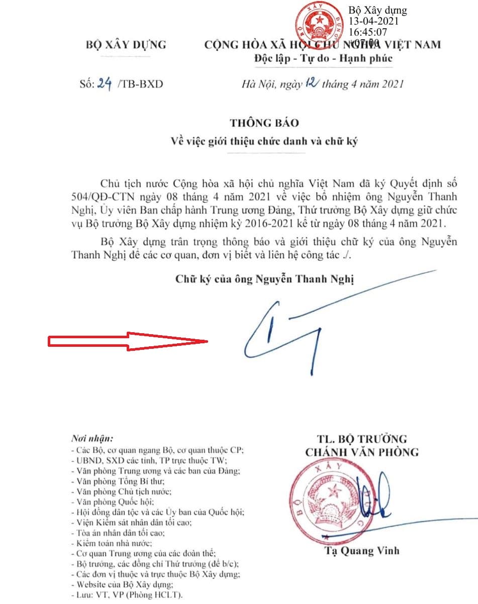 Chữ Kí Bộ Trưởng Bộ Xây Dựng Nguyễn Thanh Nghị