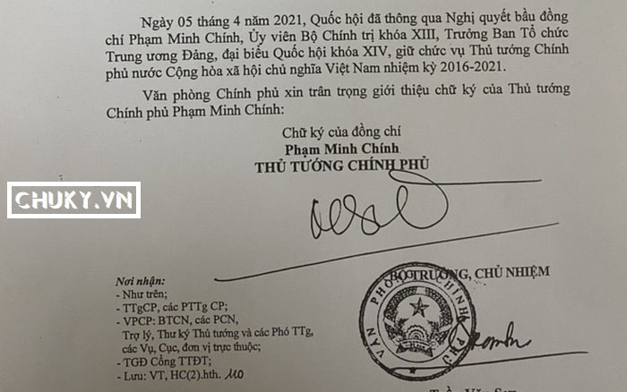 Chữ Ký của Thủ Tướng Phạm Minh Chính