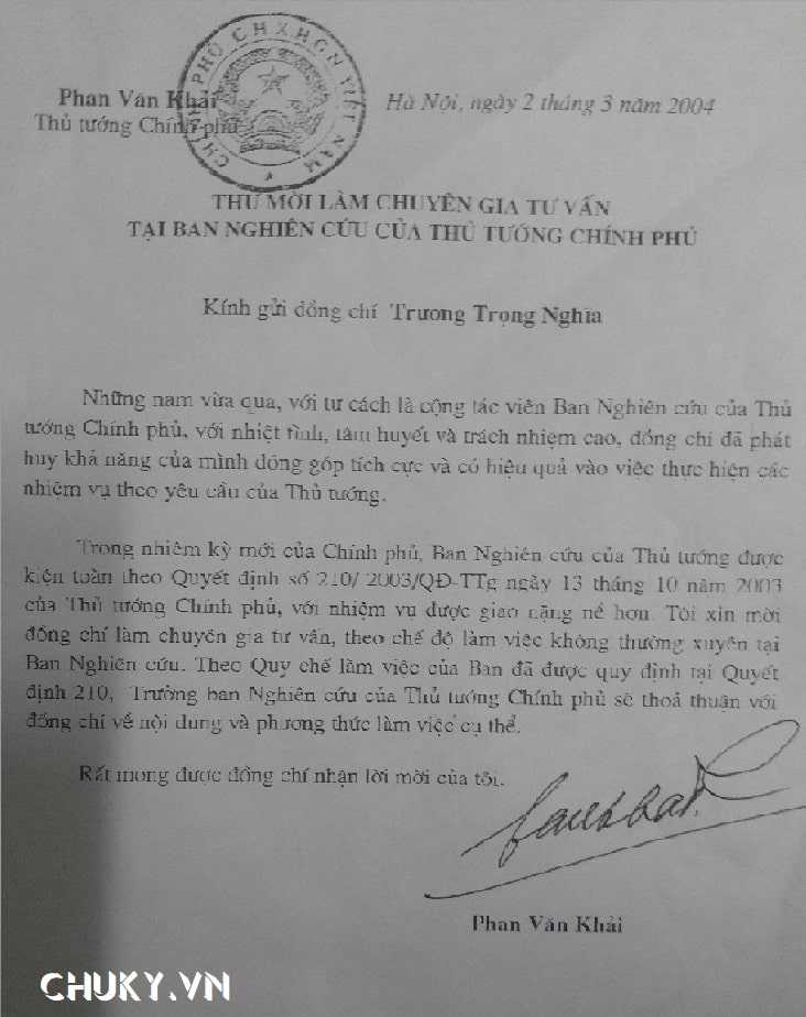 Chữ Ký của Thủ Tướng Phan Văn Khải