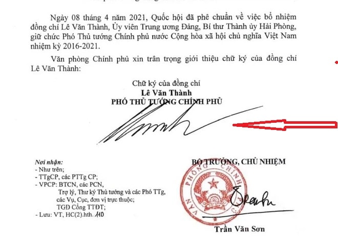 Chữ ký Phó Thủ Tướng Lê Văn Thành