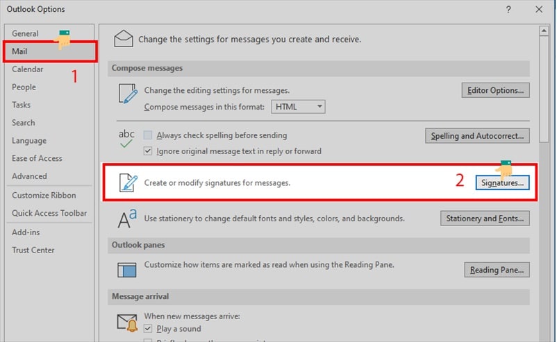 Chọn mục Mail trong Outlook options