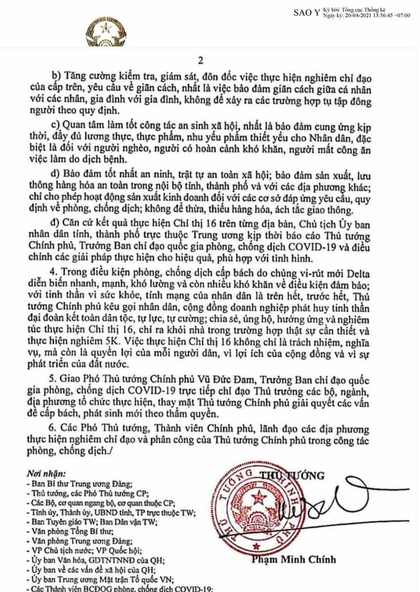 Thủ tướng Phạm Minh Chính ký đồng ý giãn cách theo Chỉ thị 16