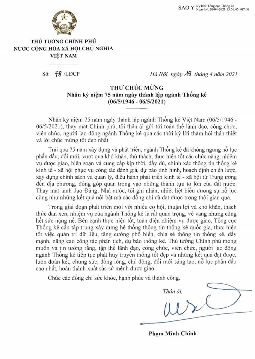 Thủ tướng Phạm Minh Chính ký thư chúc mừng