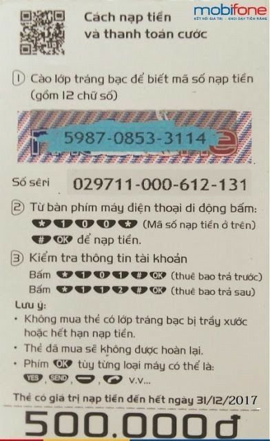 Hình ảnh thẻ cào Mobi đã cào có số seri