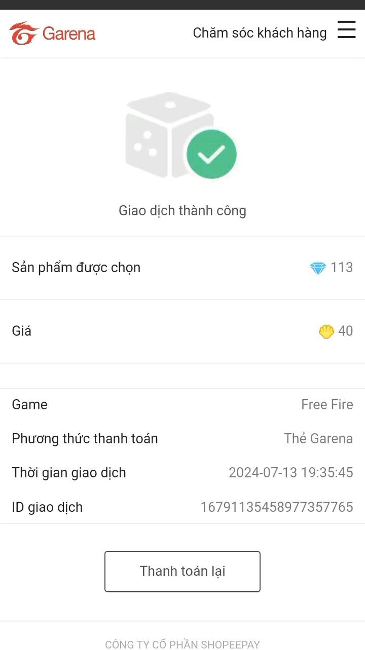 Ảnh nạp thẻ garena thành công ff