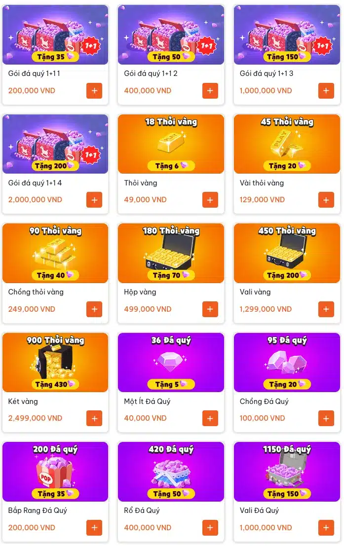Các gói nạp PLay Together VNG tiền, vàng, đá quý, kim cương