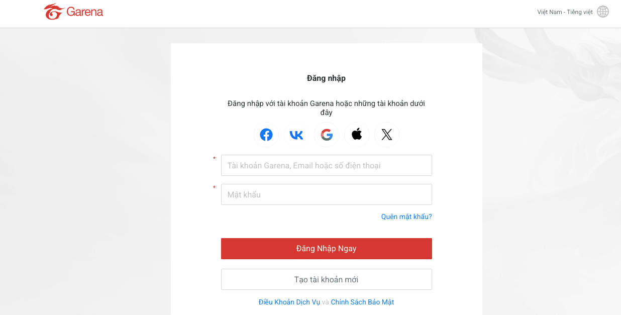 Đăng nhập tài khoản Garena để gửi phiếu hỗ trợ