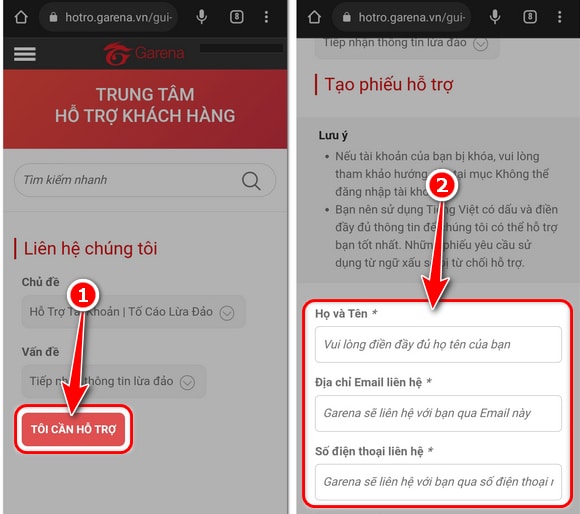 Điền vào Form hỗ trợ lấy lại tài khoản Garena