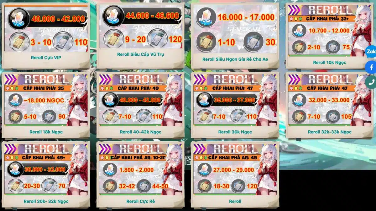 Giá bán acc reroll Honkai Star Rail