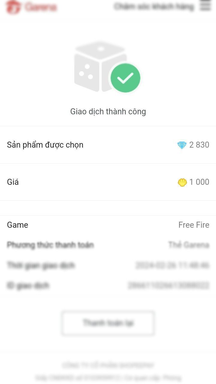 Hình ảnh nạp card garena thành công gói kim cương VIP