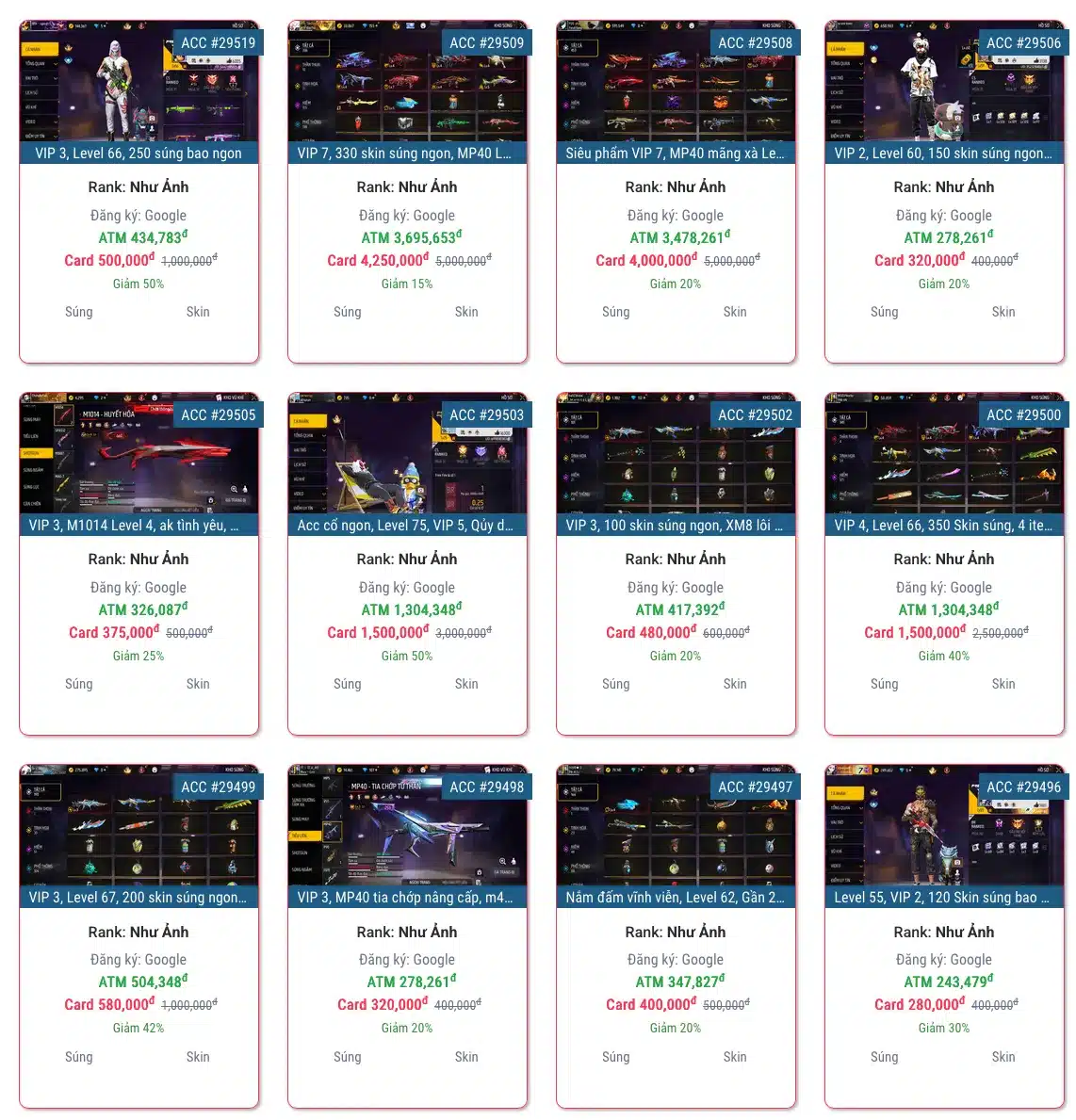 Shop bán acc ff giá học sinh 10k - 500k