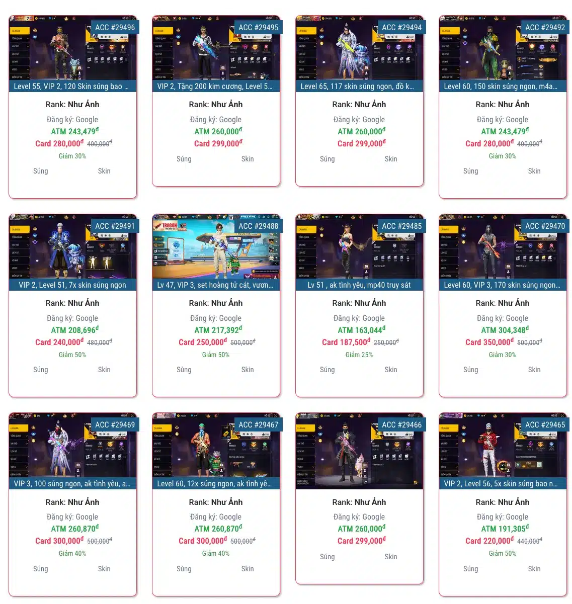 Shop bán acc ff giá học sinh 200k - 300k