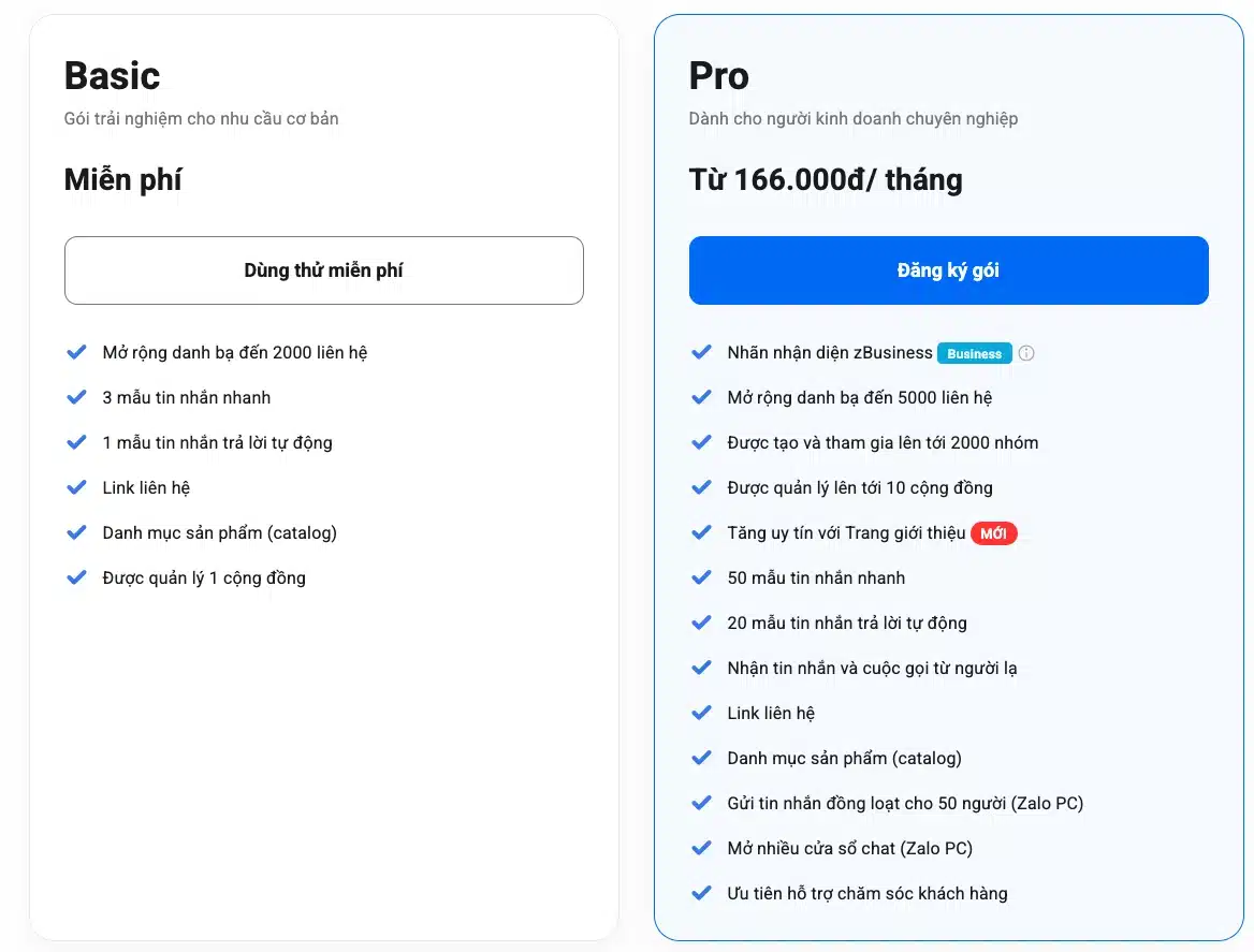 Các Gói Zalo Business Basic và Pro - Giá Mua