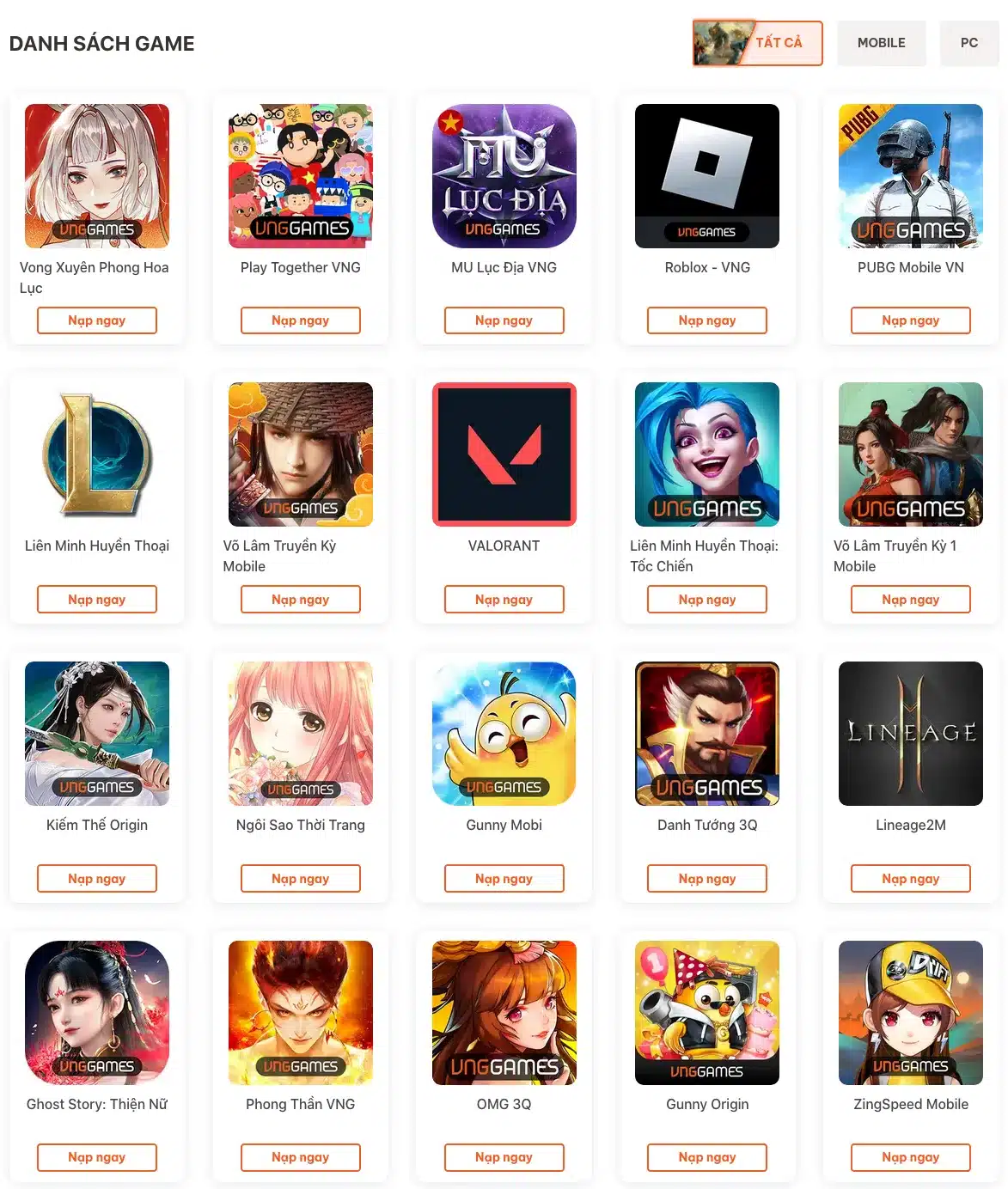 Các game nạp bằng thẻ Zing trên hệ thống VNG