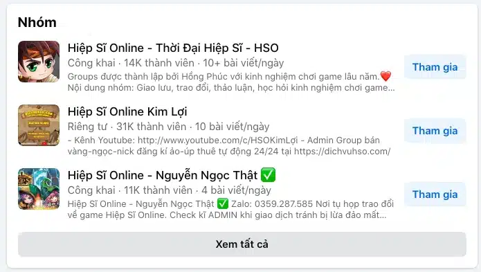 Các nhóm mua bán Hiệp Sĩ Online - Thời Đại Hiệp Sĩ - HSO cộng đồng FB