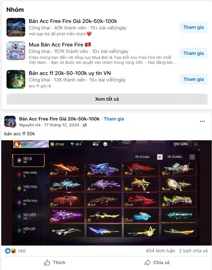 Các shop bán acc ff 50k siêu vip trên Facebook