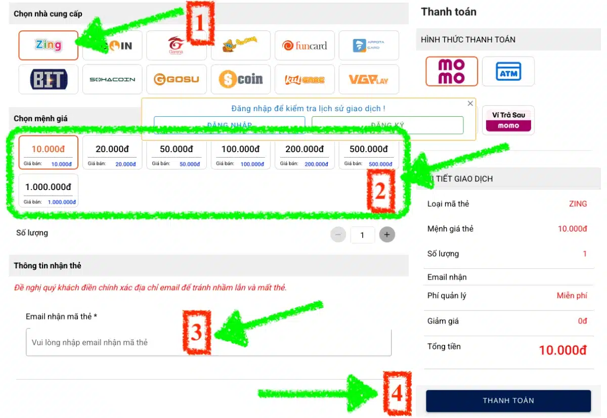 Cách mua thẻ Zing online tại Napthengay.vn