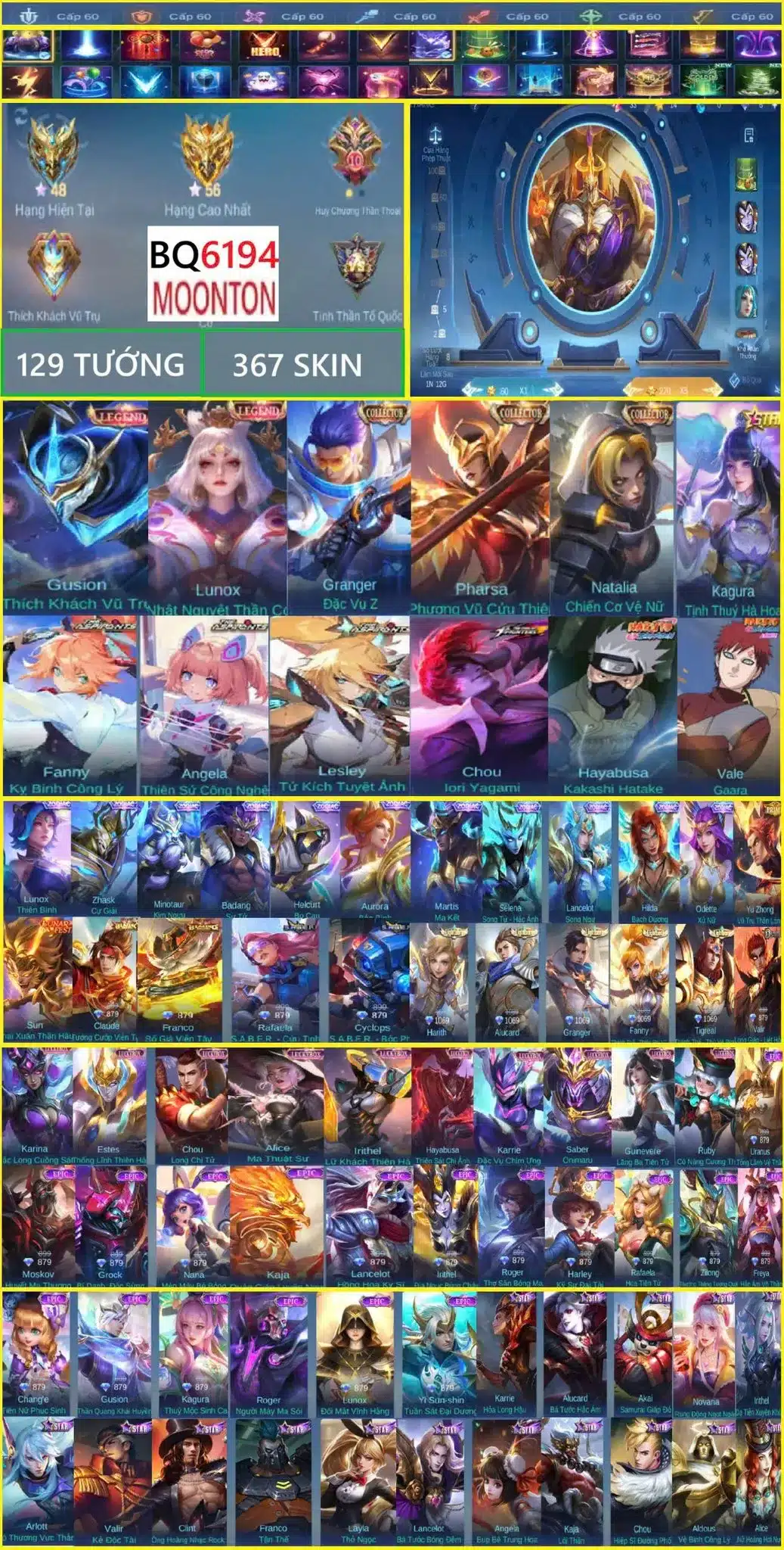 Cho acc Mobile Legends Moontoon