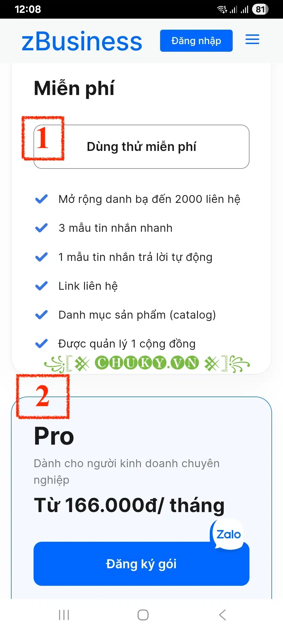 Chọn 1 trong 2 gói Basic hoặc Pro