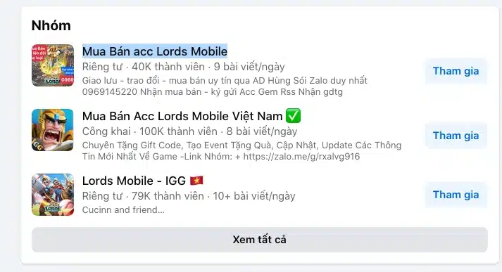 Cộng đồng mua bán acc Lords Mobile