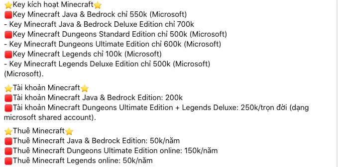 Giá Bán Tài Khoản, Cho Thuê, Key kích hoạt Minecraf