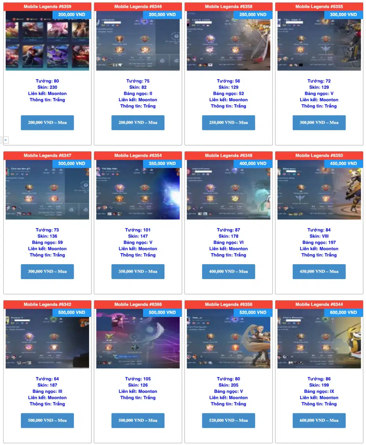 Giá mua acc Mobile Legends Bang Bang