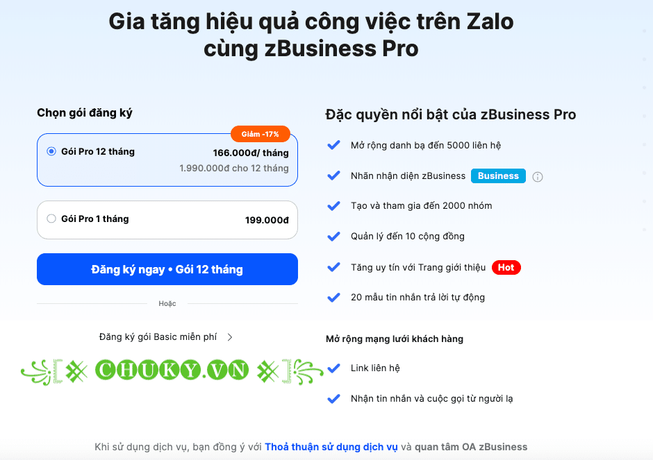 Giá mua các gói zBusiness Pro và tính năng