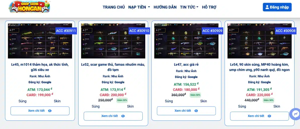 Mua acc ff 200k - 400k tại shop game Hồng Ân