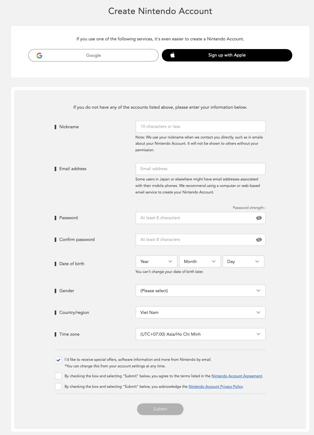Nhập các thông tin đăng ký acc Nintendo