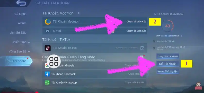 Nhấp vào Đổi tài khoản