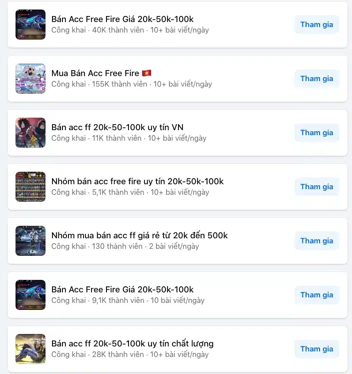 Nhóm cộng đồng mua bán acc Free Fire giá rẻ 20k