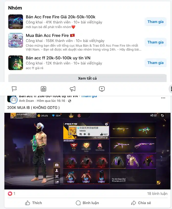 Nhóm mua acc free fire 200k giá rẻ trên Facebook