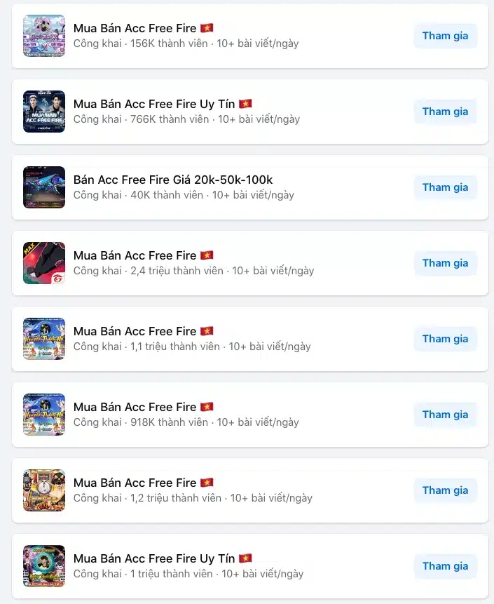 Nhóm mua bán acc Free Fire giá rẻ 9k Facebook