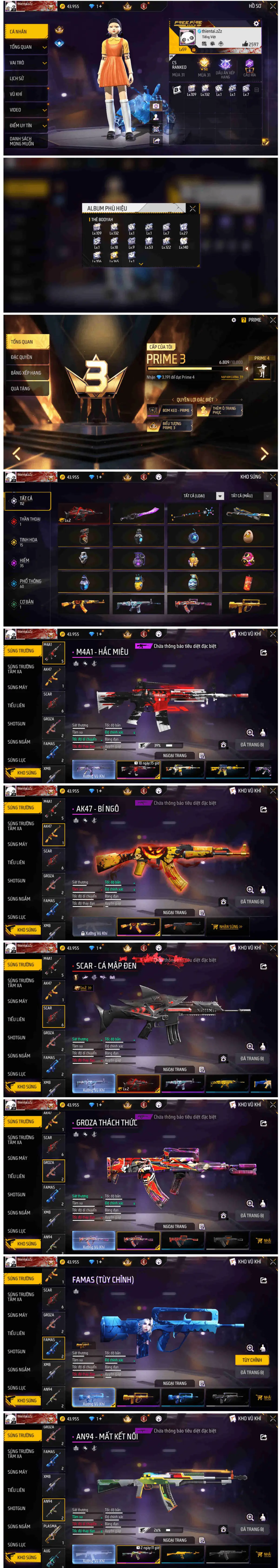 Nick FF 400k VIP 3, scar cá mập nâng cấp, scar bóng đêm, scar cá mập đen, m1887 tương lai, 17x áo đẹp