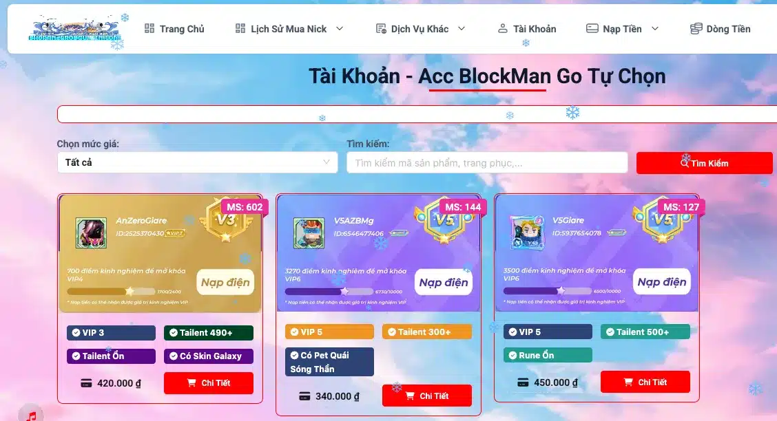 Shop bán acc Blockman Go skyblock, BEDWARS