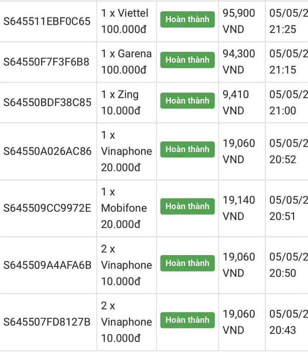 Thẻ 10k - 100k có số seri