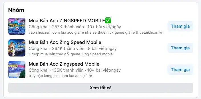 Tìm các nhóm Mua Bán Acc ZINGSPEED MOBILE trên Facebook