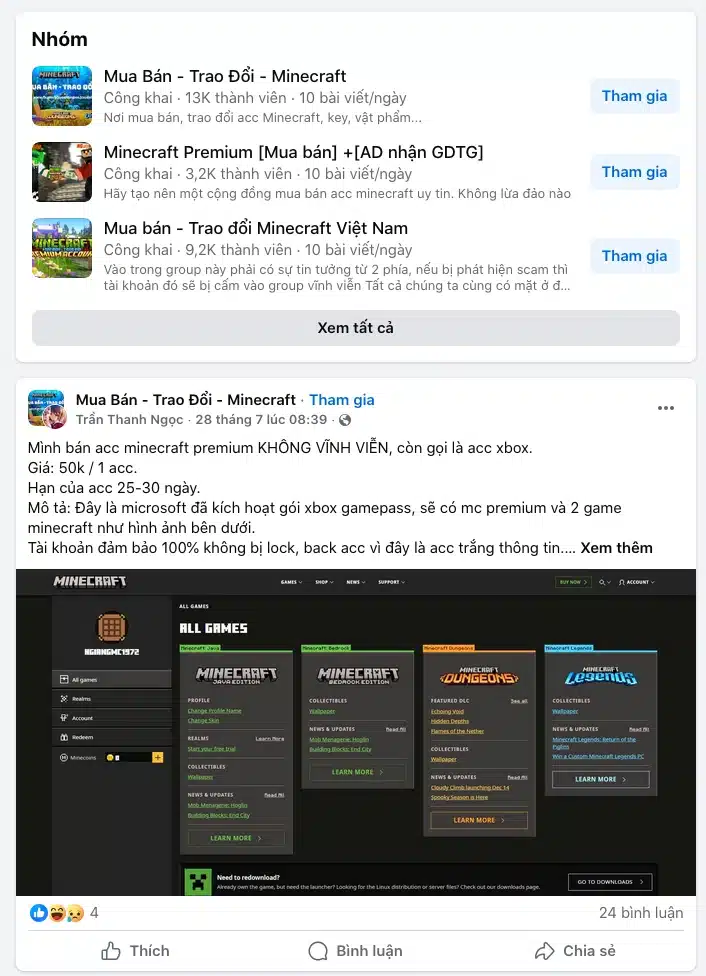 Tìm các nhóm Mua Bán, Trao Đổi Acc Minecraft Facebook
