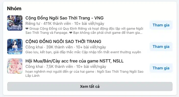 Tìm nhóm mua bán acc Ngôi Sao Thời Trang trên Facebook