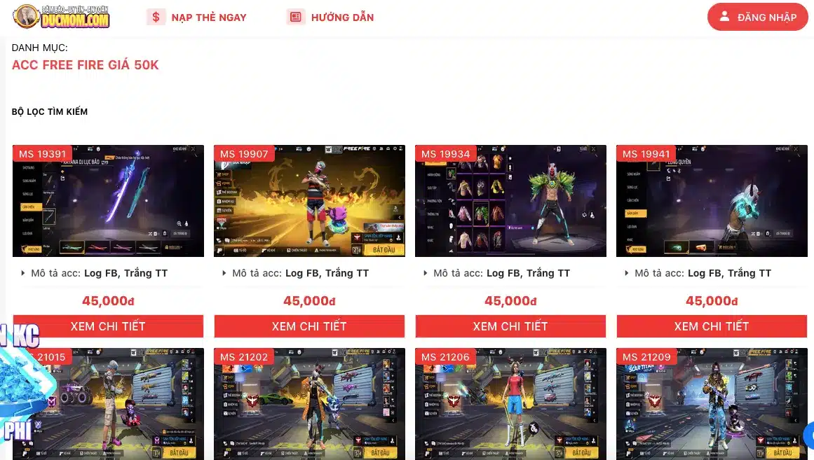 ducmomtv.com - SHOP acc ff 50k full súng lv7, mp40 mãng xà