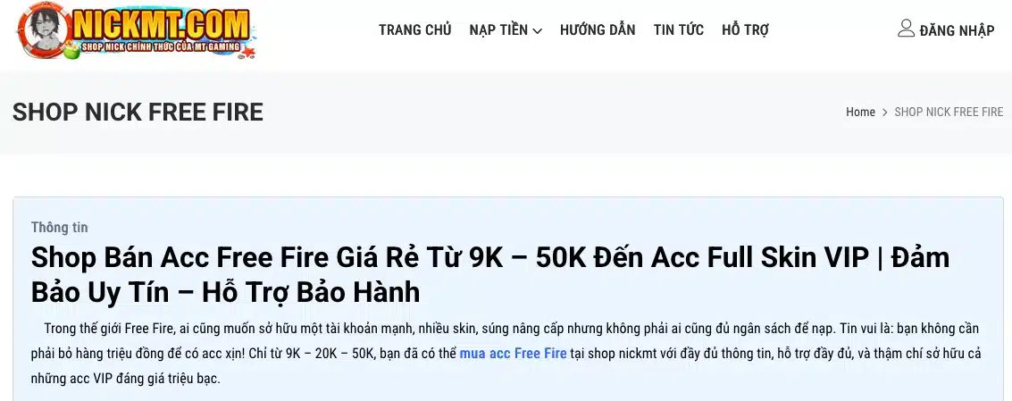 nickmt.com - Shop thử vận may Free Fire 9k giá rẻ