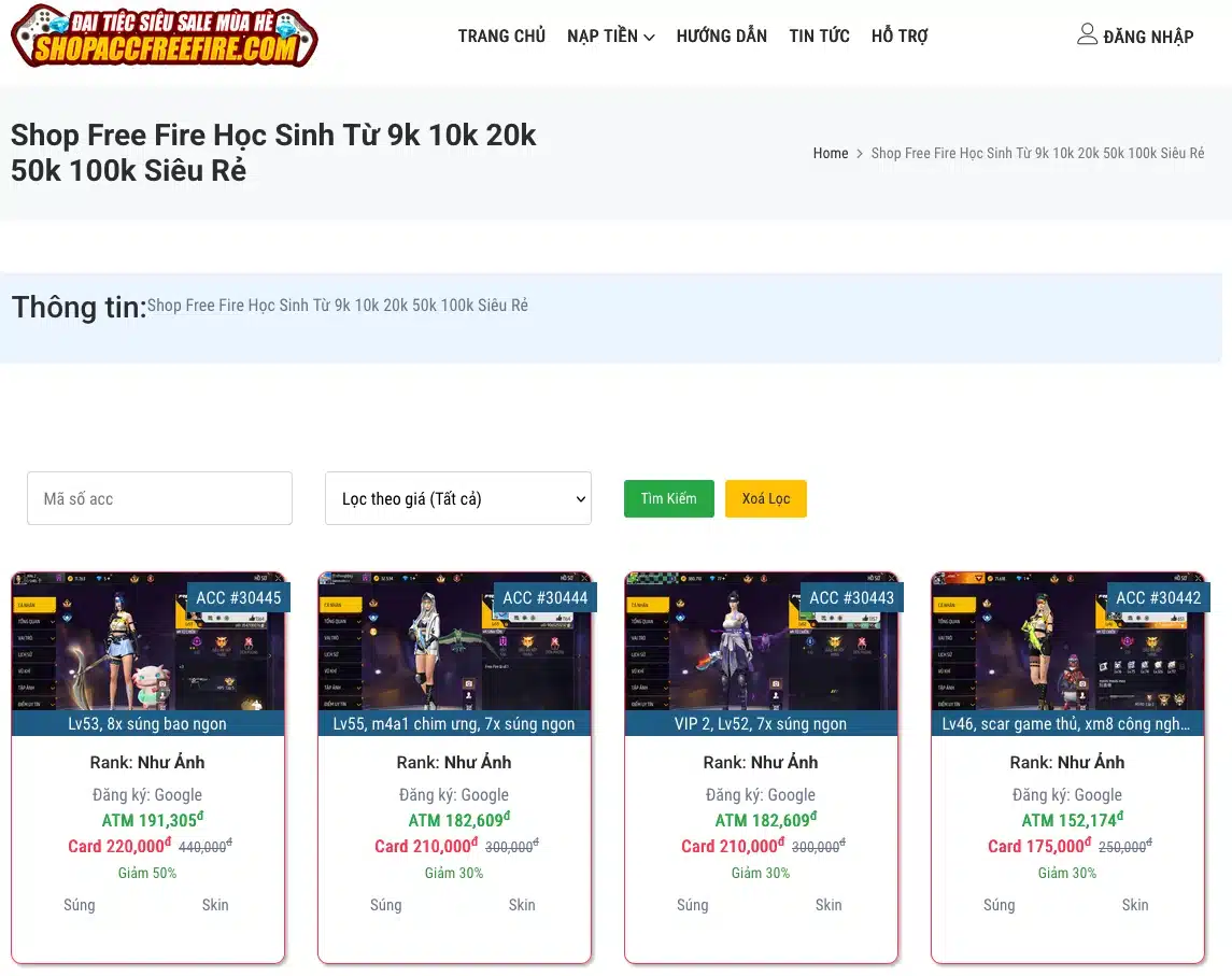 shopaccfreefire.com - Shop Acc Free Fire Giá Học Sinh Từ 9k 10k 20k 50k 100k Siêu Rẻ