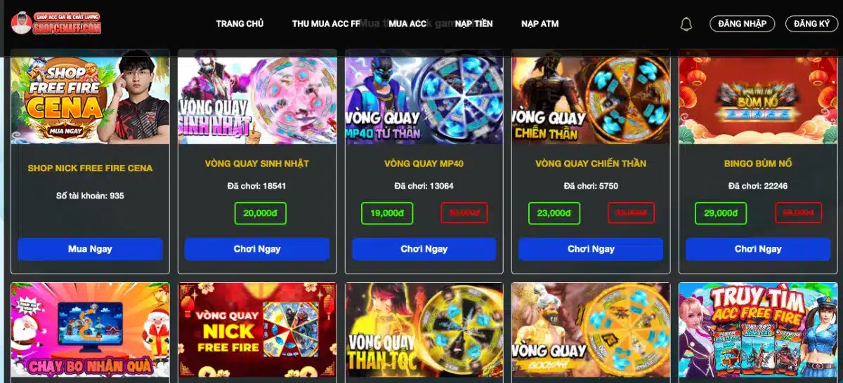 shopcena.vn - shop mua nick free fire 100k ngon, vòng quay kim cương
