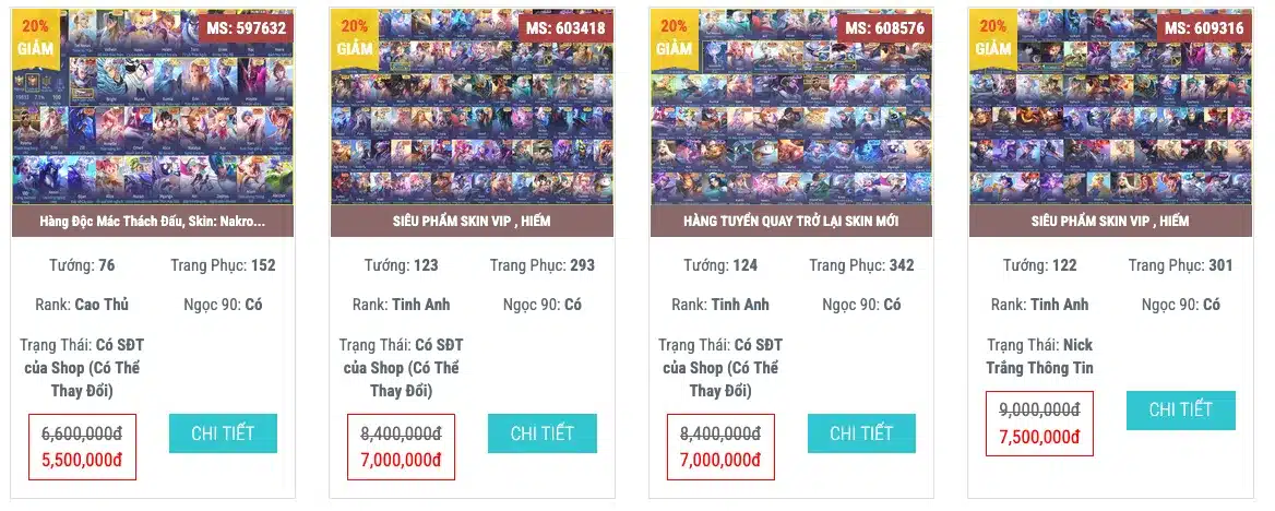 Giá bán nick liên quân full tướng full trang phục