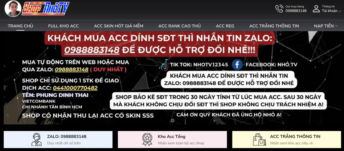Shop Nhỏ TV - Shop acc clone Liên Quân VIP giá rẻ