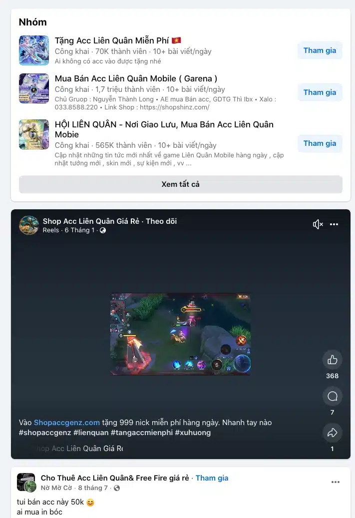 Shop acc liên quân giá rẻ 50k nhóm cộng đồng FB