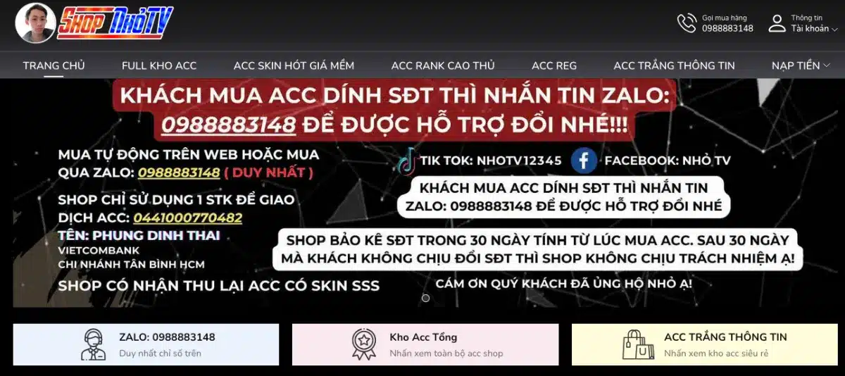 Shop quay acc liên quân 5k Nhỏ TV - shopnhotv.com