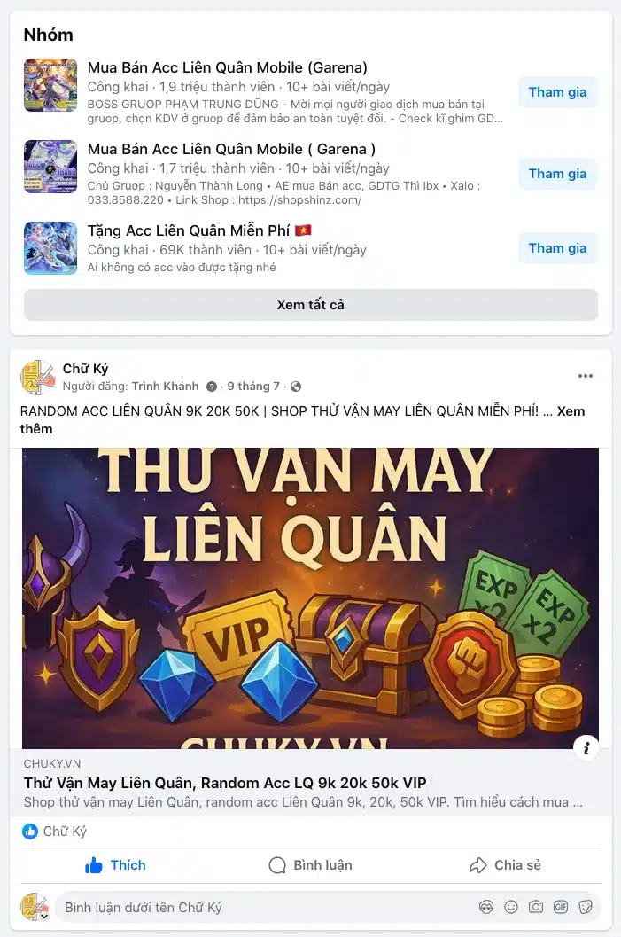 Tìm kiếm cộng đồng mua bán thử vận may acc liên quân 9k Facebook
