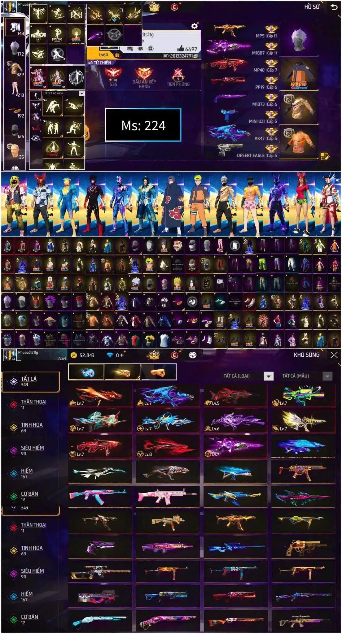 Ảnh acc Free Fire vip 8 giá 9.5 triệu