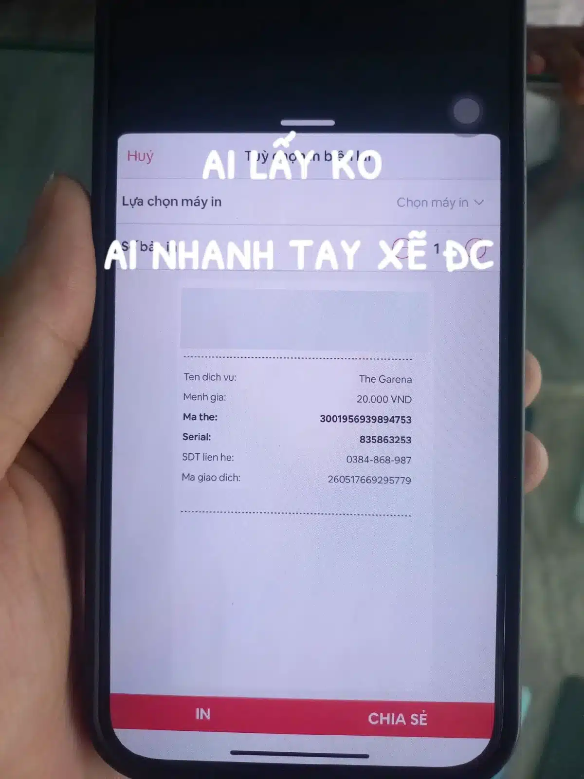 Ảnh Thẻ Garena 20k Có Số Seri